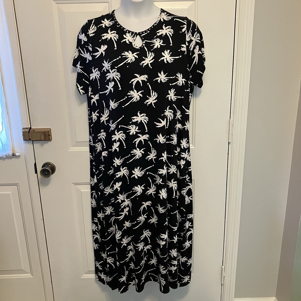 Quacker Factory Sz XL Palm Trees Rhinestone Maxi Dress Black White Tropical